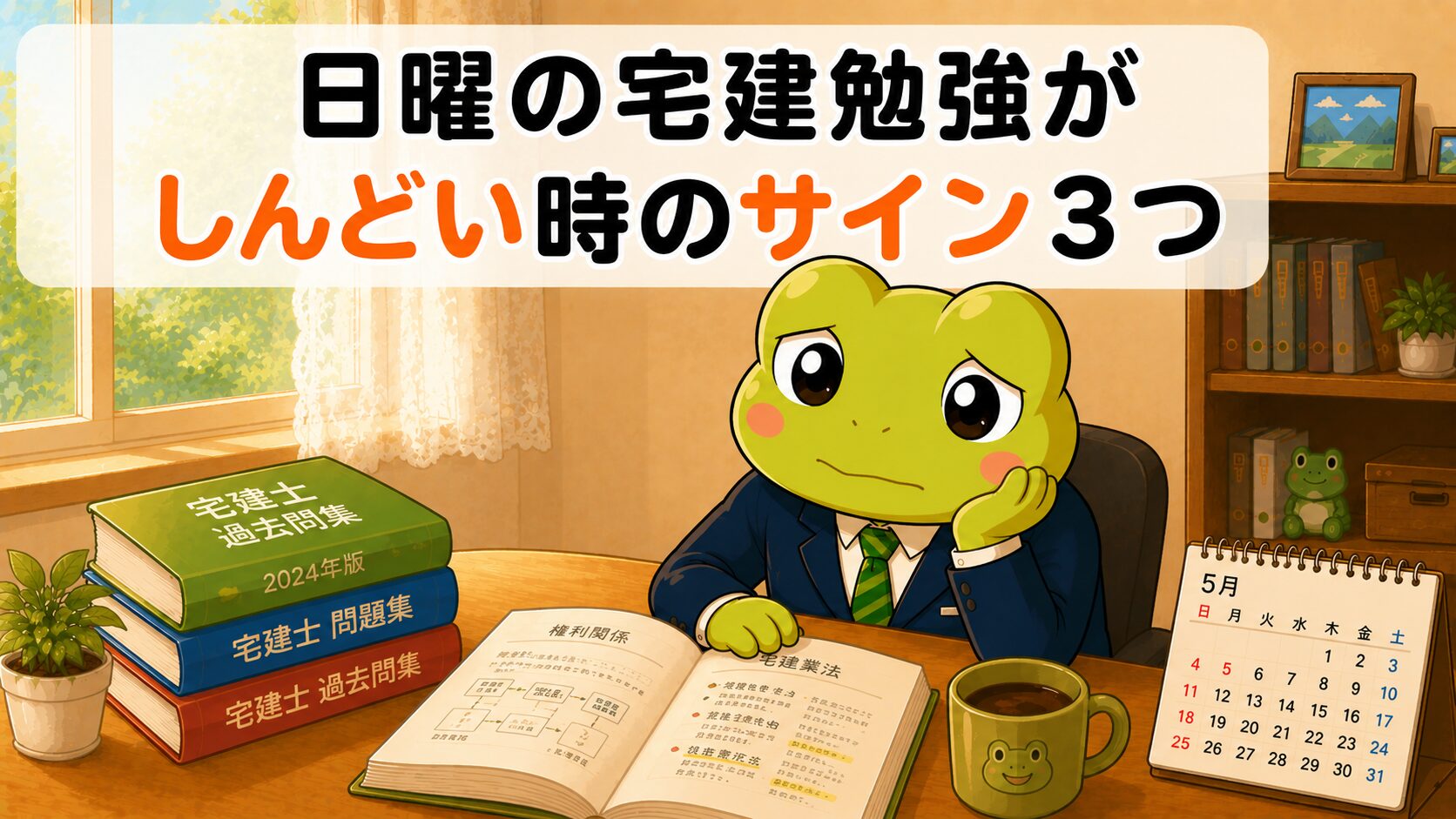 机に向かうカエルちゃんが少し疲れた優しい表情で頬杖をついている