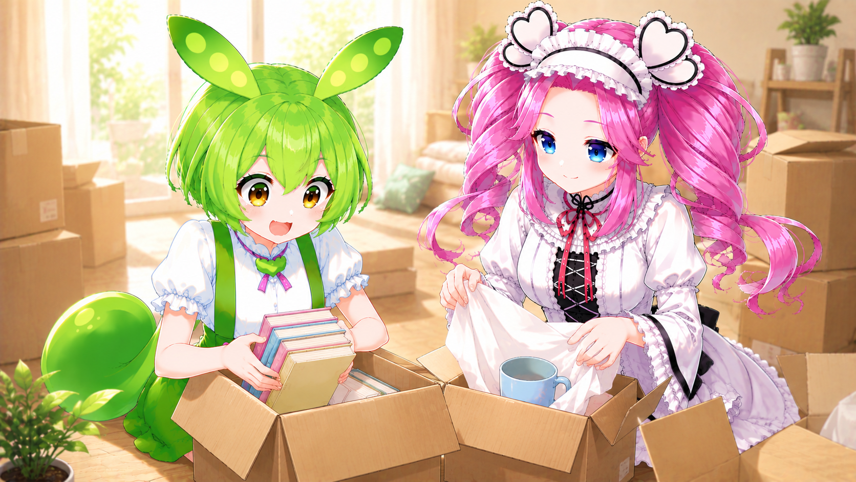 段ボール箱に囲まれた新居でずんだもんと四国めたんが荷ほどきをしている