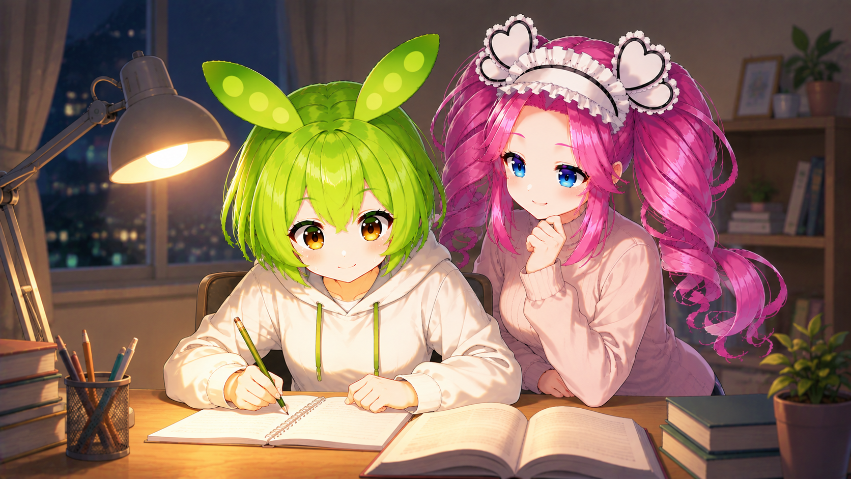 夜に勉強するずんだもんへ四国めたんが寄り添っている