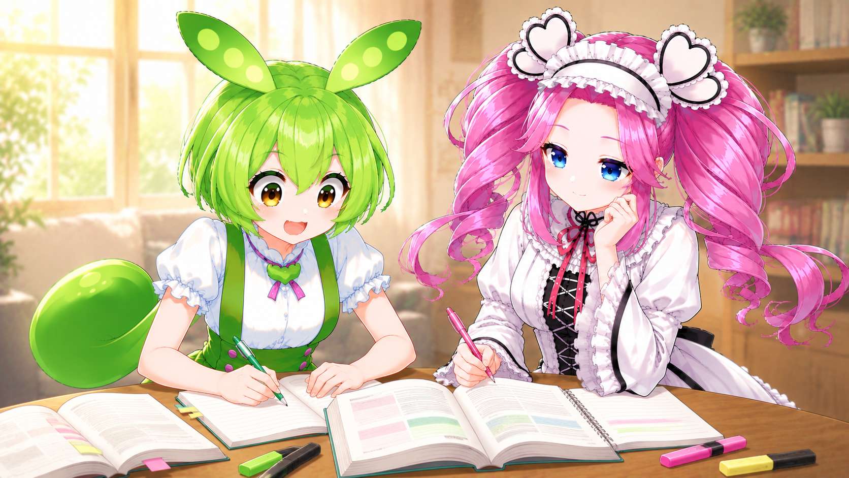 机に参考書を広げてずんだもんと四国めたんが並んで勉強している