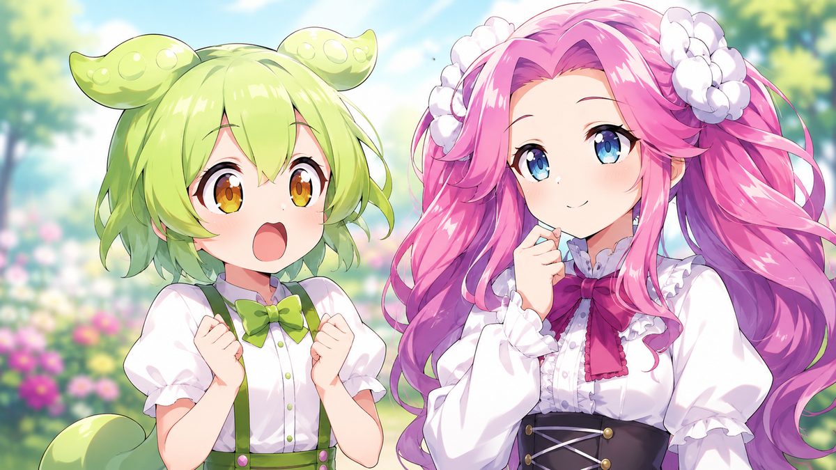 ずんだもんが驚き、四国めたんが微笑んでいるイラスト
